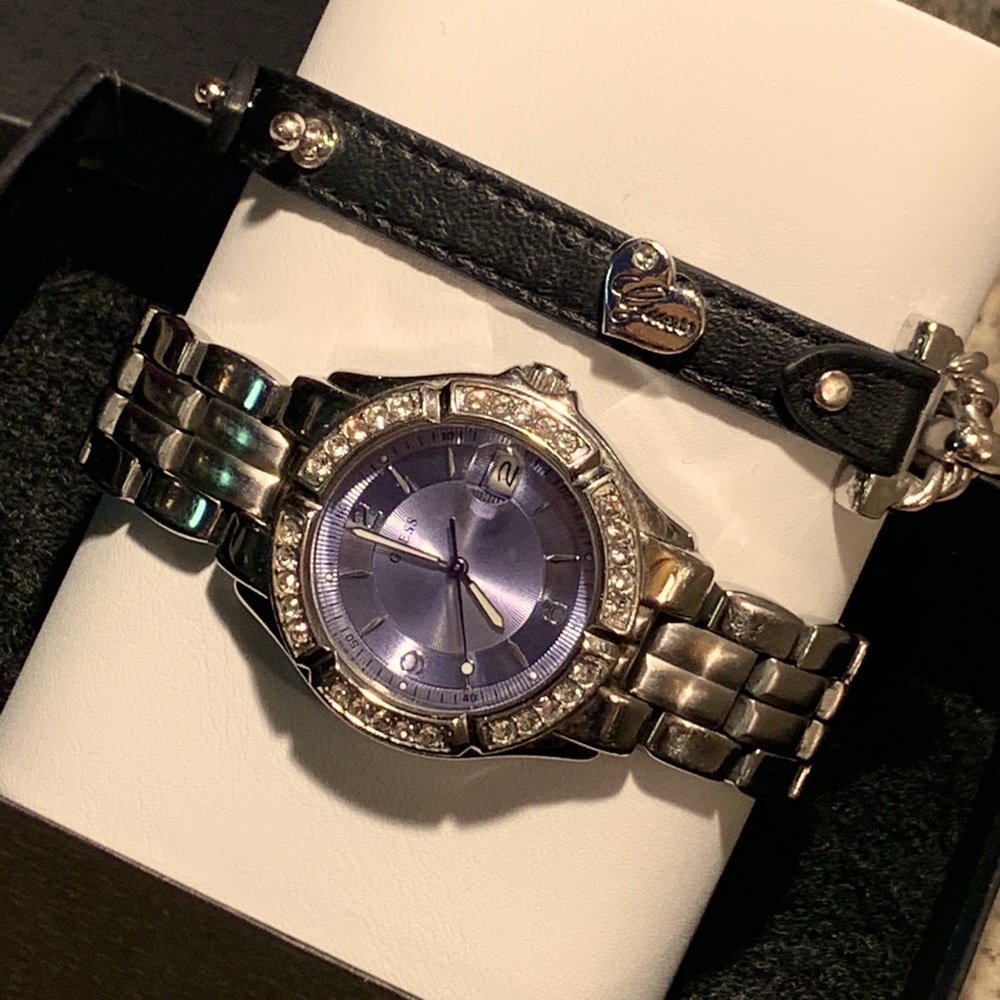 GUESS😍SET~SILVER CLOCK😍LEATHER/SILVER BRACELET😍